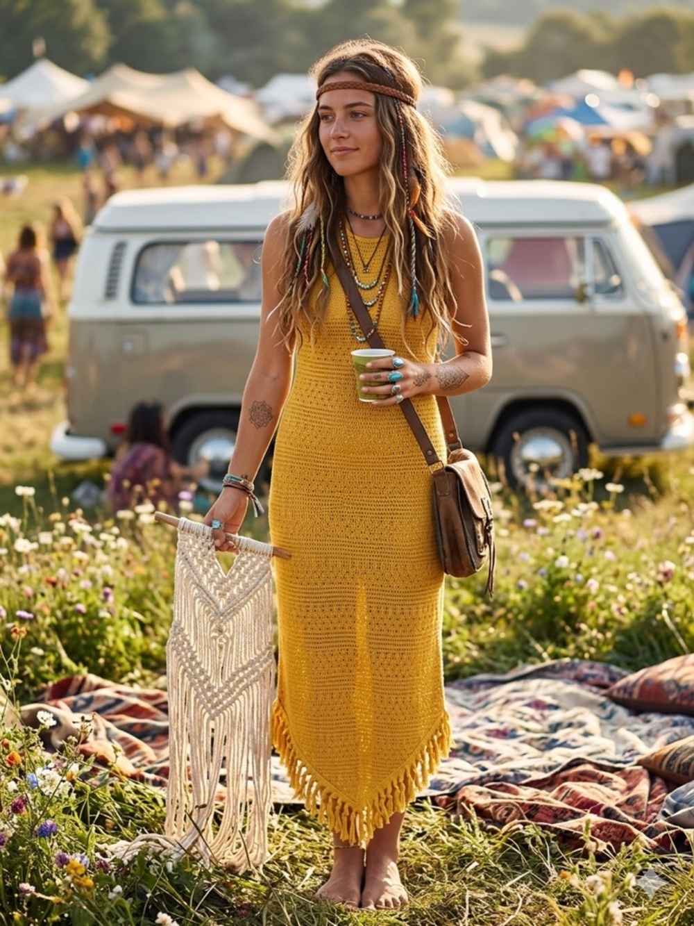 Festival Boho Hippie Mustard Yellow Crochet Halter Maxi Dress